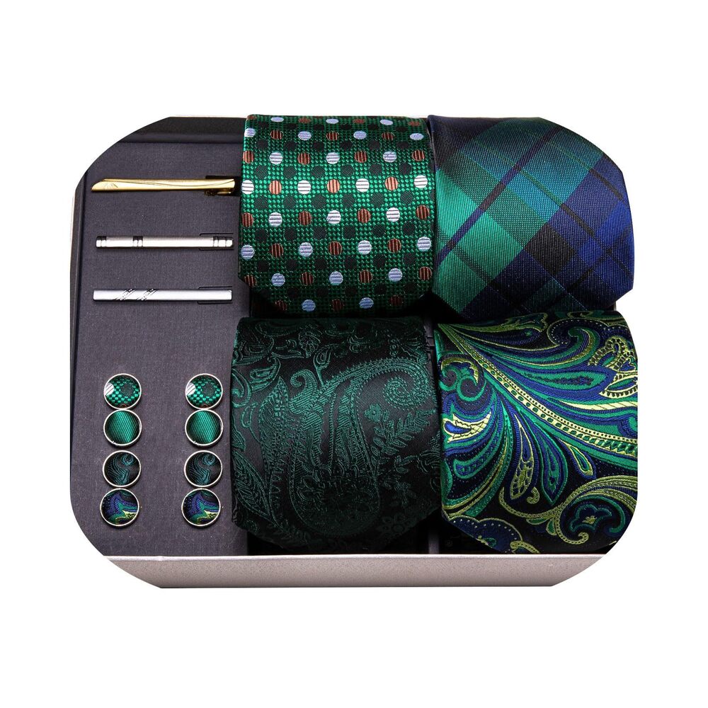 6951 Designer Tie Sets Collection, Eleagnt Gift Box Tie Clips Handkerchief